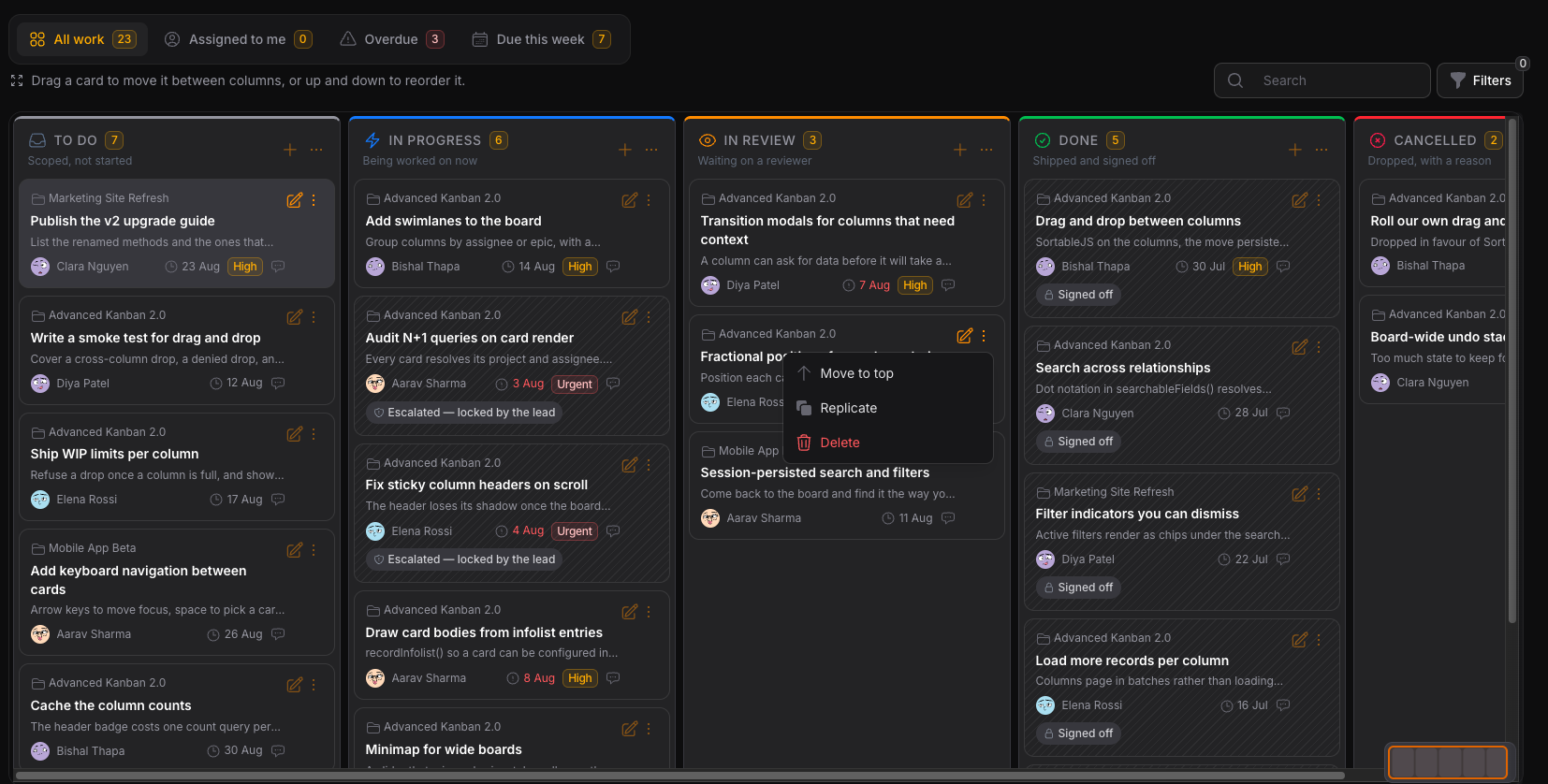 Advanced Kanban board with columns for To Do, In Progress, In Review, Done, and Cancelled